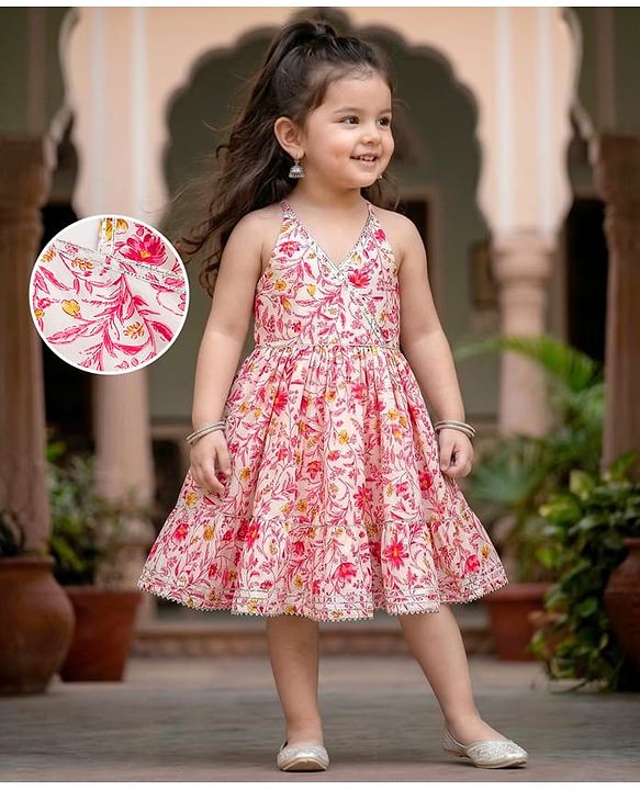 Babyhug Cambric Woven Sleeveless Floral Printed Ethnic Dress with Lace Detailing - Pink