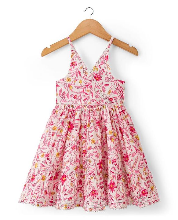 Babyhug Cambric Woven Sleeveless Floral Printed Ethnic Dress with Lace Detailing - Pink