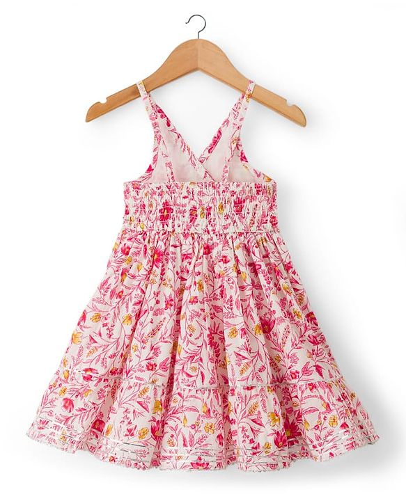 Babyhug Cambric Woven Sleeveless Floral Printed Ethnic Dress with Lace Detailing - Pink