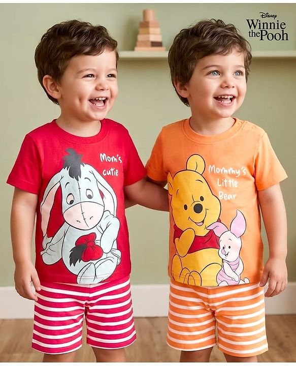 Babyhug Disney Single Jersey Knit Half Sleeves T-Shirts & Shorts Night Suit with Winnie & Friends Graphics Pack of 2 - Red & Orange
