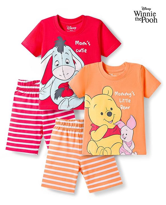Babyhug Disney Single Jersey Knit Half Sleeves T-Shirts & Shorts Night Suit with Winnie & Friends Graphics Pack of 2 - Red & Orange
