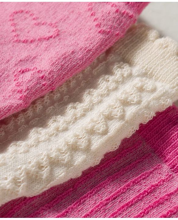 Cute Walk By Babyhug Knit Ankle Length Antibacterial Socks with Cable Knit & Heart Design Pack of 3 - Pink & White