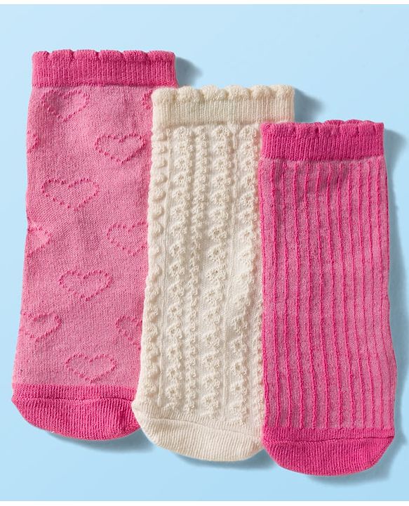 Cute Walk By Babyhug Knit Ankle Length Antibacterial Socks with Cable Knit & Heart Design Pack of 3 - Pink & White