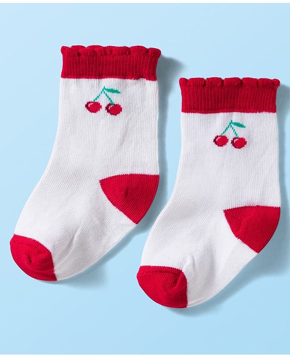 Cute Walk By Babyhug Knit Ankle Length Antibacterial Socks with Cherry Design Pack of 3 - Maroon Pink & White