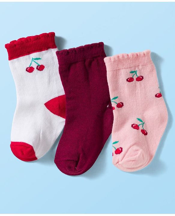 Cute Walk By Babyhug Knit Ankle Length Antibacterial Socks with Cherry Design Pack of 3 - Maroon Pink & White