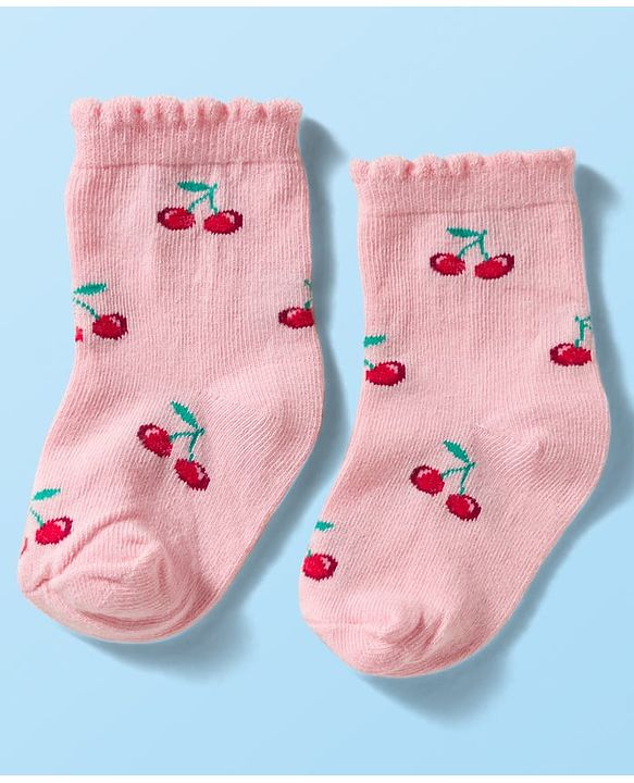 Cute Walk By Babyhug Knit Ankle Length Antibacterial Socks with Cherry Design Pack of 3 - Maroon Pink & White