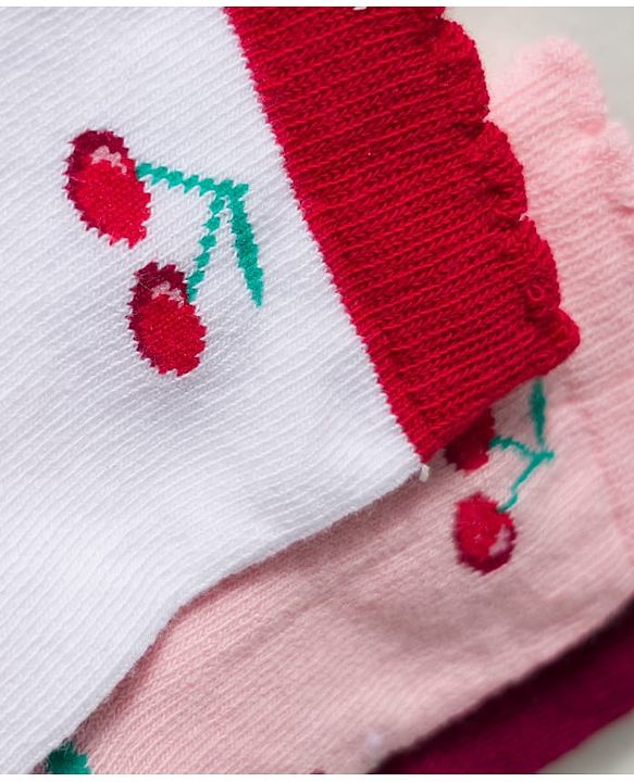 Cute Walk By Babyhug Knit Ankle Length Antibacterial Socks with Cherry Design Pack of 3 - Maroon Pink & White