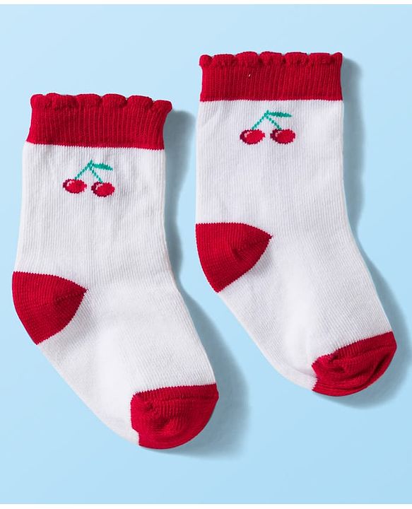 Cute Walk By Babyhug Knit Ankle Length Antibacterial Socks with Cherry Design Pack of 3 - Maroon Pink & White
