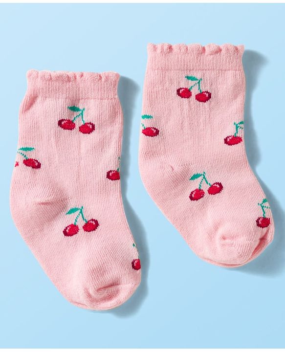 Cute Walk By Babyhug Knit Ankle Length Antibacterial Socks with Cherry Design Pack of 3 - Maroon Pink & White