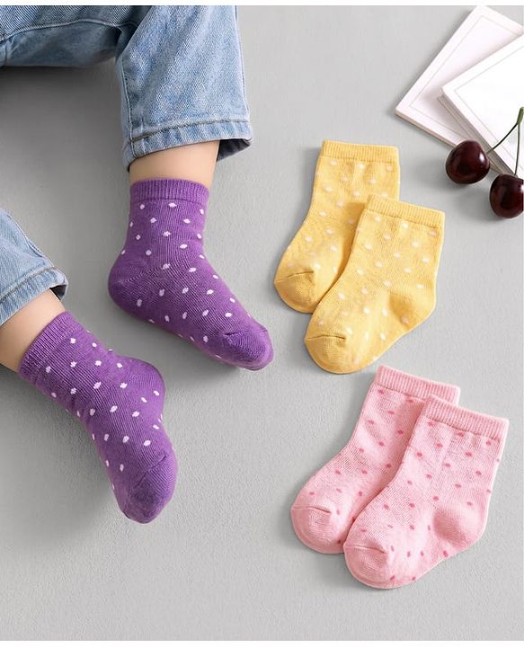 Cute Walk By Babyhug Knit Ankle Length Antibacterial Socks with Polka Dot Design Pack of 3 - Yellow Pink & Purple