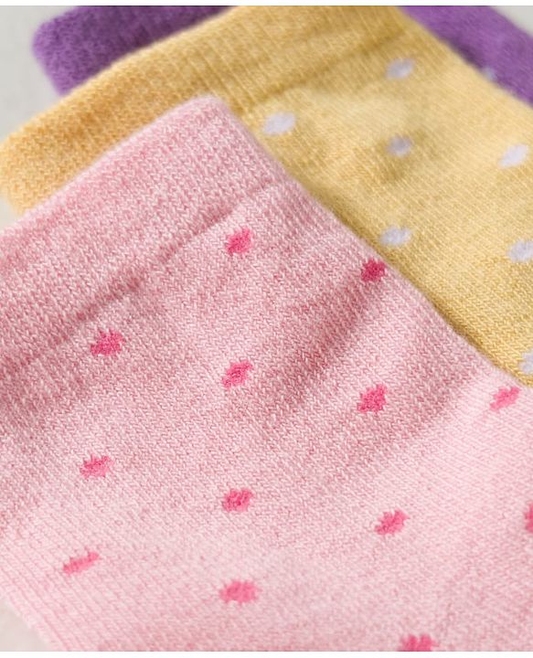 Cute Walk By Babyhug Knit Ankle Length Antibacterial Socks with Polka Dot Design Pack of 3 - Yellow Pink & Purple