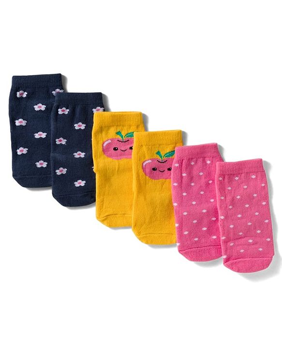 Cute Walk By Babyhug Knit Ankle Length Antibacterial Socks with Tropical & Polka Dot Design Pack of 3 - Navy Blue Yellow & Pink