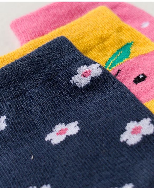 Cute Walk By Babyhug Knit Ankle Length Antibacterial Socks with Tropical & Polka Dot Design Pack of 3 - Navy Blue Yellow & Pink
