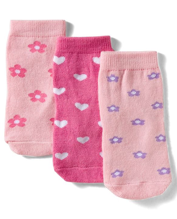 Cute Walk By Babyhug Knit Ankle Length Antibacterial Socks with Floral & Heart Design Pack of 3 - Light & Dark Pink
