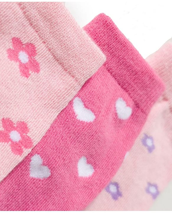 Cute Walk By Babyhug Knit Ankle Length Antibacterial Socks with Floral & Heart Design Pack of 3 - Light & Dark Pink