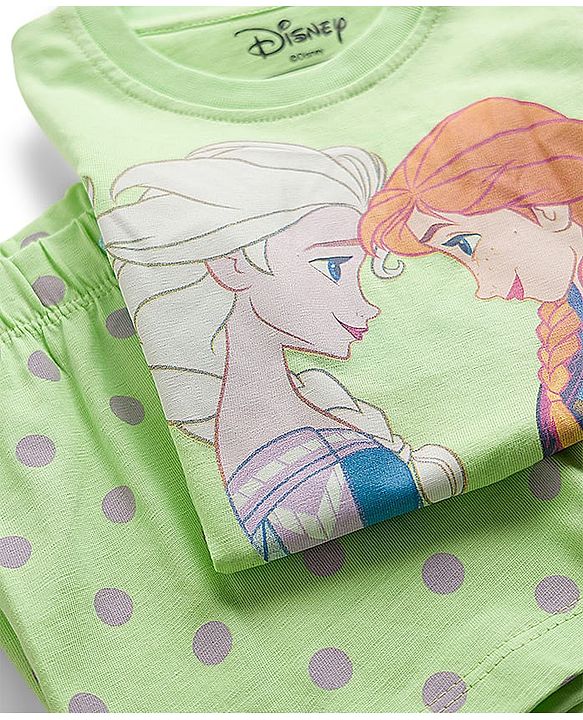 Babyhug Disney Single Jersey Knit Half Sleeves Short Night Suit With Disney Princess Else & Anna Graphics - Lime Green