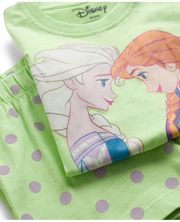 Babyhug Disney Single Jersey Knit Half Sleeves Short Night Suit With Disney Princess Else & Anna Graphics - Lime Green