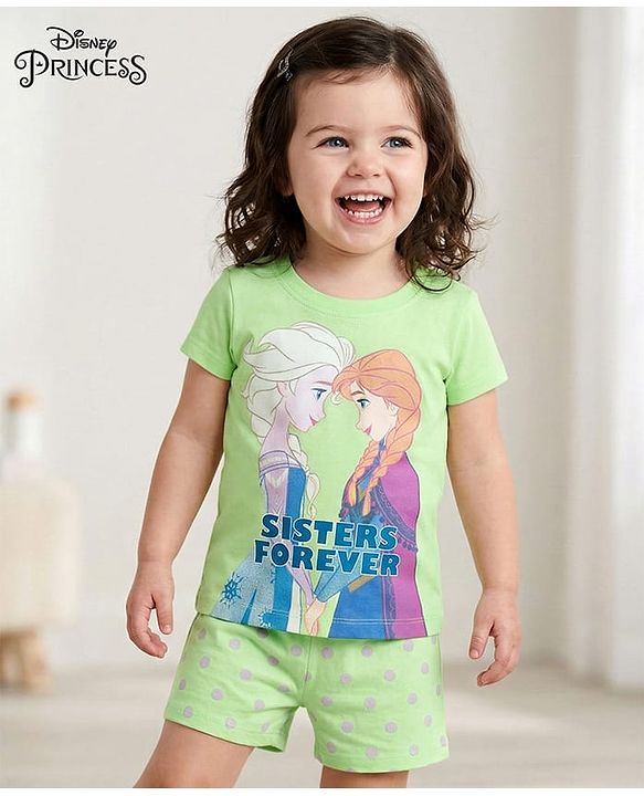 Babyhug Disney Single Jersey Knit Half Sleeves Short Night Suit With Disney Princess Else & Anna Graphics - Lime Green