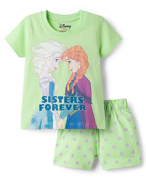 Babyhug Disney Single Jersey Knit Half Sleeves Short Night Suit With Disney Princess Else & Anna Graphics - Lime Green