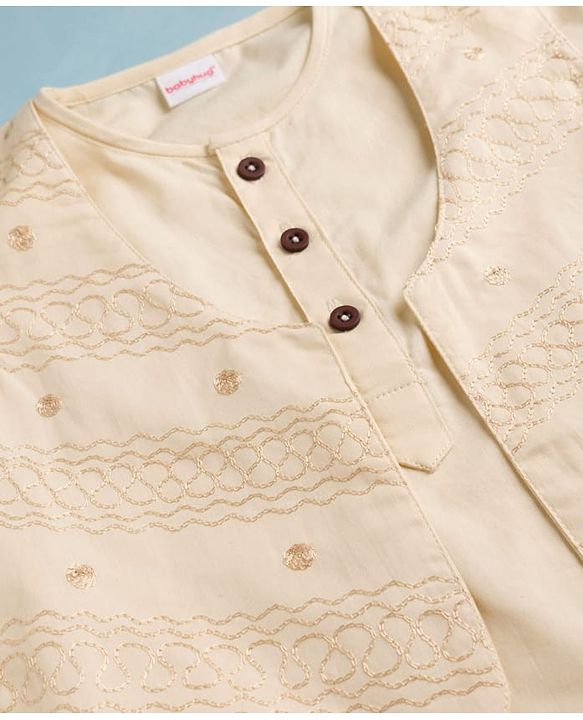 Babyhug 100% Cotton Flex Woven Full Sleeves Solid Dhoti Kurta Set With Embroidered Koti -Beige