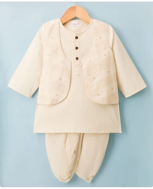 Babyhug 100% Cotton Flex Woven Full Sleeves Solid Dhoti Kurta Set With Embroidered Koti -Beige