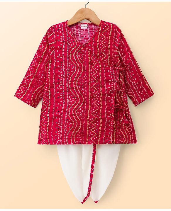 Babyhug Cambric Cotton Woven Full Sleeves Kurta Dhoti Set with Bandhani Print - Fuchsia & White