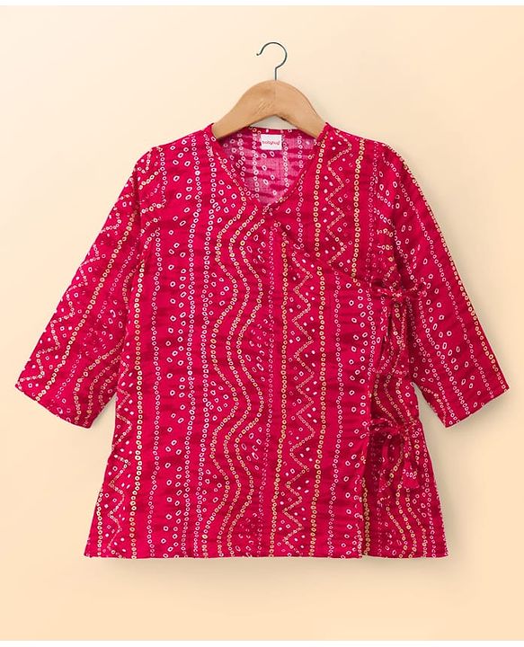 Babyhug Cambric Cotton Woven Full Sleeves Kurta Dhoti Set with Bandhani Print - Fuchsia & White