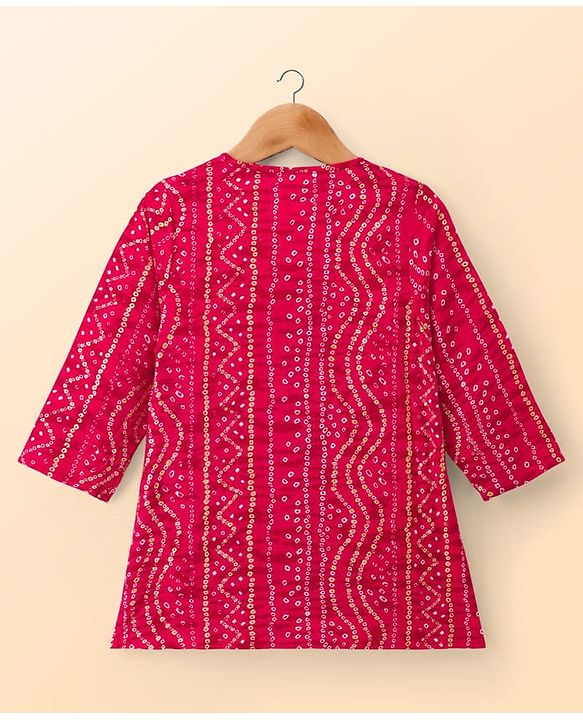 Babyhug Cambric Cotton Woven Full Sleeves Kurta Dhoti Set with Bandhani Print - Fuchsia & White
