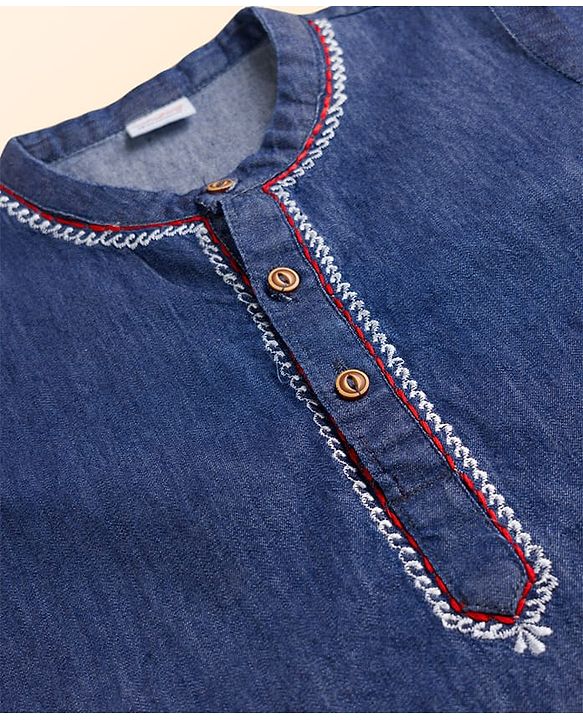 Babyhug 100% Cotton Woven Full Length Embroidered Kurta & Pyjama Set - Navy Blue