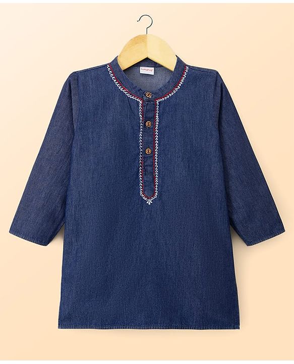 Babyhug 100% Cotton Woven Full Length Embroidered Kurta & Pyjama Set - Navy Blue