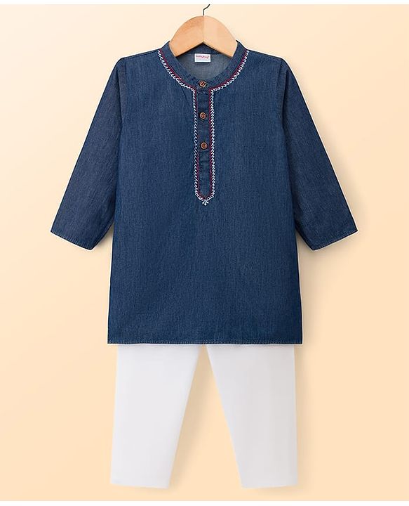 Babyhug 100% Cotton Woven Full Length Embroidered Kurta & Pyjama Set - Navy Blue