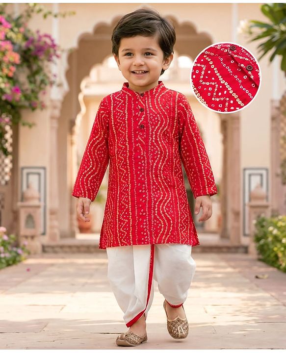 Babyhug Cambric Woven Full Sleeves Kurta Dhoti Set With Bandhani Print - Red