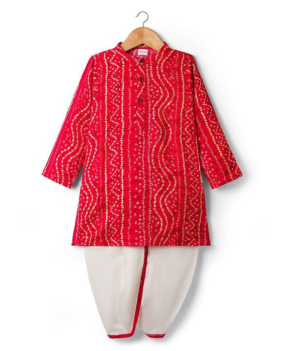 Babyhug Cambric Woven Full Sleeves Kurta Dhoti Set With Bandhani Print - Red