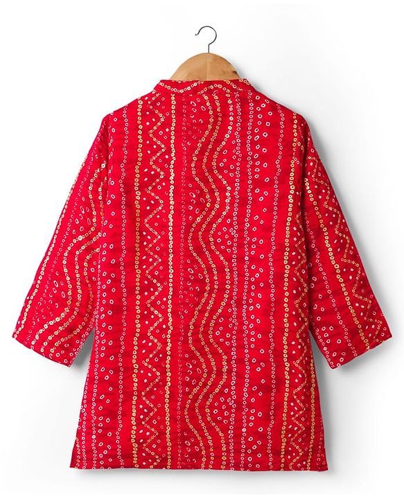 Babyhug Cambric Woven Full Sleeves Kurta Dhoti Set With Bandhani Print - Red