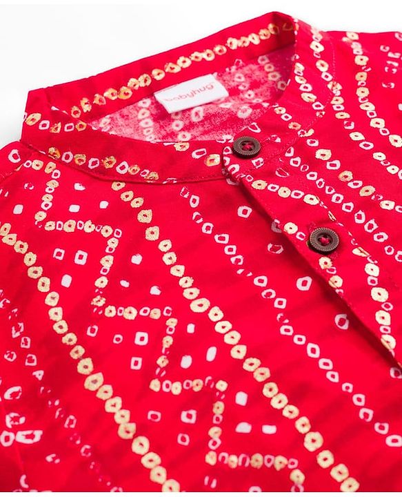 Babyhug Cambric Woven Full Sleeves Kurta Dhoti Set With Bandhani Print - Red