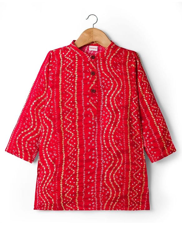 Babyhug Cambric Woven Full Sleeves Kurta Dhoti Set With Bandhani Print - Red