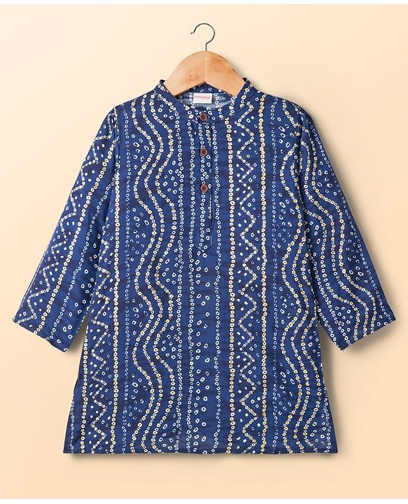 Babyhug Cambric Woven Full Sleeves Kurta Dhoti Set With Bandhani Print - Navy Blue
