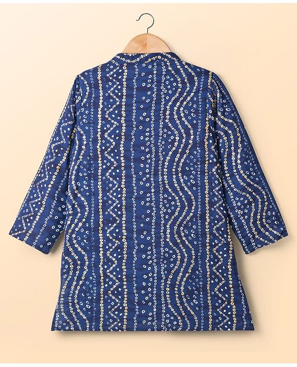 Babyhug Cambric Woven Full Sleeves Kurta Dhoti Set With Bandhani Print - Navy Blue