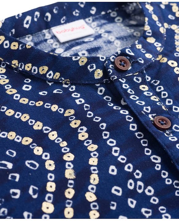 Babyhug Cambric Woven Full Sleeves Kurta Dhoti Set With Bandhani Print - Navy Blue