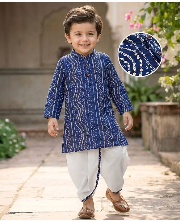 Babyhug Cambric Woven Full Sleeves Kurta Dhoti Set With Bandhani Print - Navy Blue