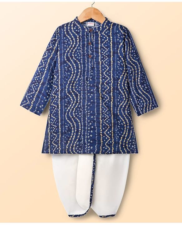 Babyhug Cambric Woven Full Sleeves Kurta Dhoti Set With Bandhani Print - Navy Blue