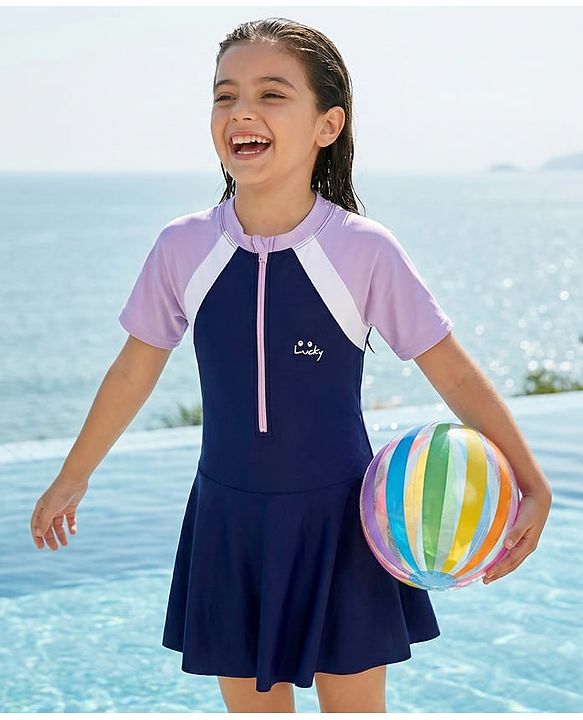 Pine Kids Half Raglan Sleeves Frock Swimsuit - Navy Blue