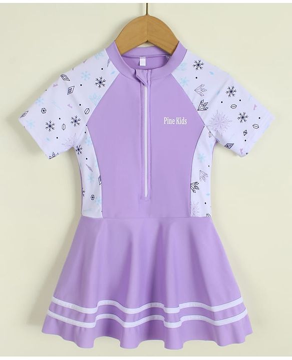Pine Kids Half Raglan Sleeves Printed Frock Swimsuit - Purple