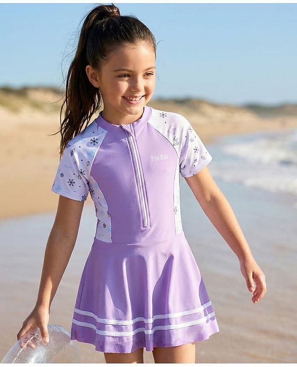 Pine Kids Half Raglan Sleeves Printed Frock Swimsuit - Purple