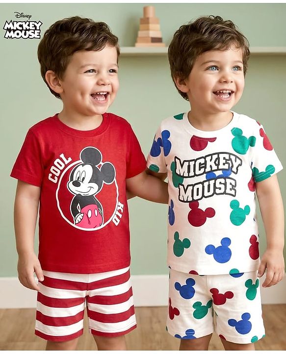 Babyhug Disney 100% Cotton Knit Half Sleeves T-Shirt & Shorts Night Suits With Micky Mouse Graphic Pack Of 2 - Multicolour