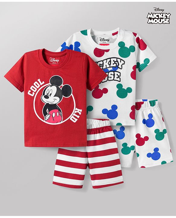 Babyhug Disney 100% Cotton Knit Half Sleeves T-Shirt & Shorts Night Suits With Micky Mouse Graphic Pack Of 2 - Multicolour