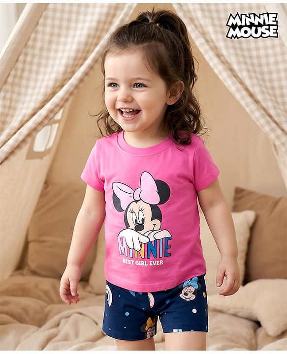 Babyhug Disney Single Jersey Knit Half Sleeves Shorts Night Suit With Minnie Mouse Graphics - Pink