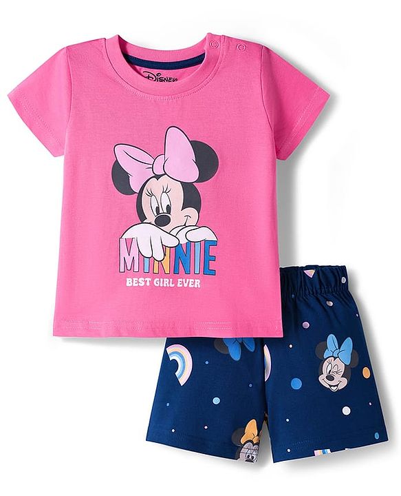 Babyhug Disney Single Jersey Knit Half Sleeves Shorts Night Suit With Minnie Mouse Graphics - Pink