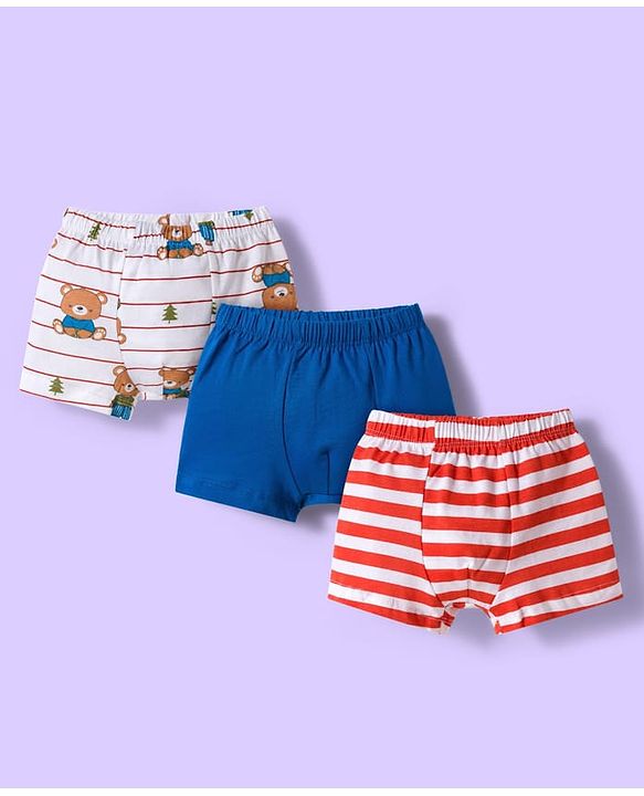 Babyhug 100% Cotton Knit Trunks With Stripes & Teddy Bear Print Pack of 3 - Multicolor