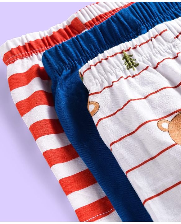 Babyhug 100% Cotton Knit Trunks With Stripes & Teddy Bear Print Pack of 3 - Multicolor